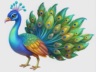 Fototapeta premium Vibrant tropical bird with resplendent plumage, a stunning peacock showcases its majestic colors in a beautiful digital watercolor artwork, perfect for print and decoration.