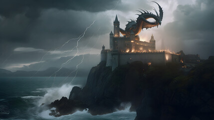 Fototapeta premium Dragon Over Castle