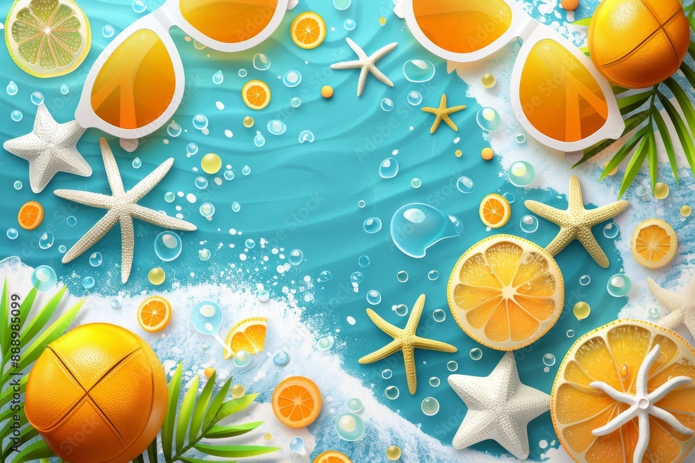 Poster refreshing summer beach with oranges and starfish floating on turquoise water creating a vibrant and