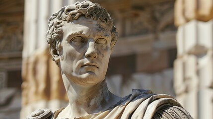 Marble statue of Roman emperor Julius Caesar with detailed facial features and ornate drapery in historic setting. Historical sculpture study, ancient Rome, art history, cultural heritage