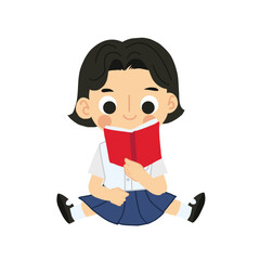 Learning and Study Concept. Adorable Thai Student Cartoon Sitting and Reading Book.
