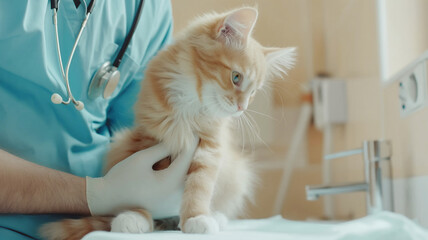 Veterinarian examining ginger kitten, cat checkup and healthcare at vet clinic, pet health and wellness concept