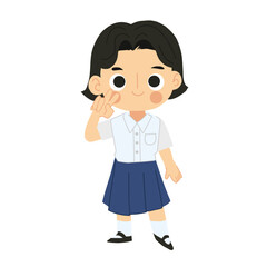 Thai Student Girl Cartoon Character in Cute Kawaii Style Smiling Happily