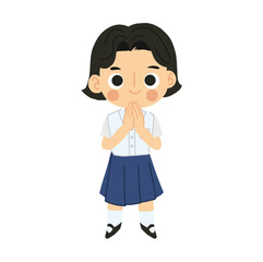 Thai Student Girl in Cute Kawaii  Cartoon Style Character is Sawasdee Greeting