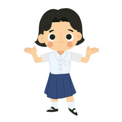 Cute Thai Student Girl Cartoon Character Confused and don't understand.