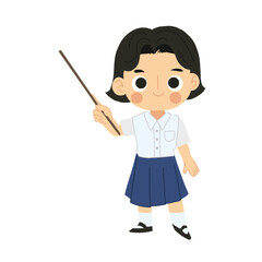 Smiling and Happy Thai Student Girl Cartoon Character Pointing Stick.