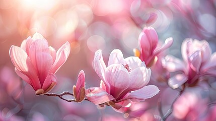 Obraz premium Pink magnolia flowers blooming in spring garden