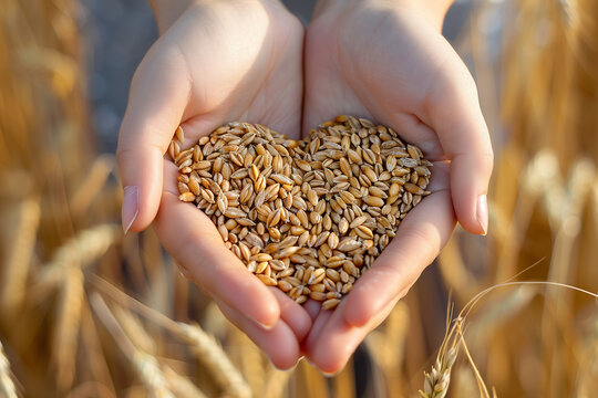 Female hands holding a full heart shape made up of many grains of wheat, wheat field in background
