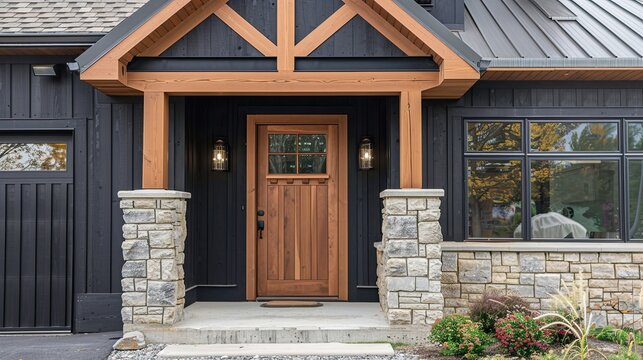 A front door detail on a home with black board and batten siding with natural stone accents and a beautiful oak front door