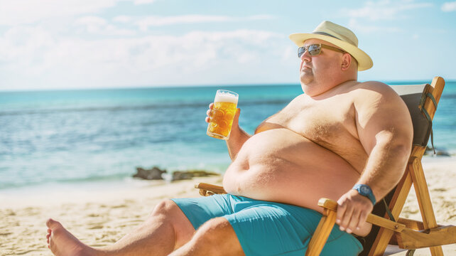 Relaxed overweight man in hat, sunglasses, holding beer glass, sitting on chair, beach background, tropical vacation, sunny day, leisure time, relaxation concept