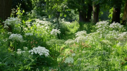 white flowering umbels of celery plants possibly Anthriscus sylvestris cow parsley wild chervil wild beaked parsley Queen Anne s lace or keck mother die on a sunny summer day in a park