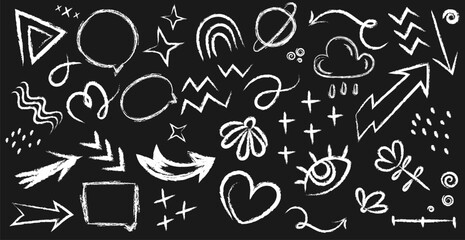 Hand drawn chalk doodles in chalk board style set.Chalk graphic elements arrows,frames,shapes and shapes,heart,eye,stars,clouds,planet. Crayon handwritten doodles.Chalk drawn vector elements