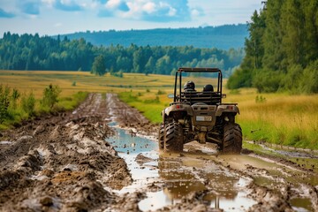 Off-road vehicle driving through muddy forest trail with clear blue sky and lush greenery in the background. Adventure travel, outdoor recreation, extreme sports, rural exploration, nature photography