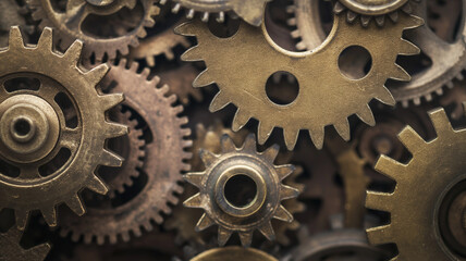 Close-up view of interconnected metal gears, machinery and engineering concept, symbolizing teamwork and mechanical precision, industry and technology concept
