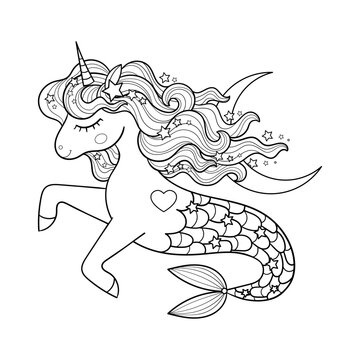 recommend clip art: Cute cartoon sea unicorn with moon. Black and white linear drawing.Isolated on a white background. For children's design of coloring books, prints, posters, cards, stickers, tattoos, puzzles, etc. Vec