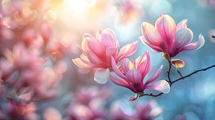 Obraz premium Pink magnolia flowers blooming in spring garden