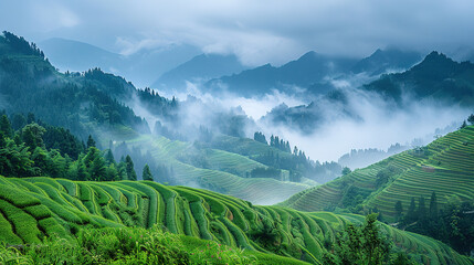 terraced rice fields in Longsheng, with pandas wandering through the fields as the background, 