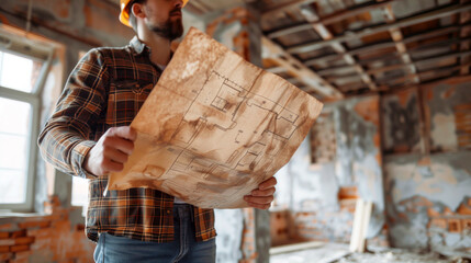 Construction worker examining architectural plans in a partially built house. Home renovation, building project, engineering, construction planning, architecture concepts.
