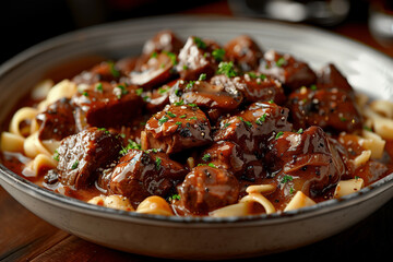 Plate of delicious beef stroganoff