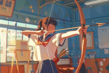 In the school gym, a schoolgirl practices her archery skills, focused on hitting the target amidst the peaceful afternoon light, cozy vibe, Generative AI