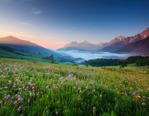üppige grüne Landschaft bei Sonnenaufgang. Im Vordergrund befindet sich eine blühende Blumenwiese, während sich im Hintergrund majestätische Berge unter einem klaren, blauen Himmel erheben. Nebel