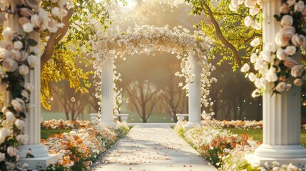 Fototapeta premium The closed wedding arch in the park is made of white flowers on white columns Away wedding ceremony