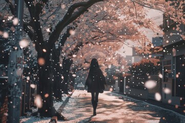 On the way home from school, a schoolgirl walks along a path lined with cherry blossom trees, the petals falling like snow around her, cozy vibe, Generative AI