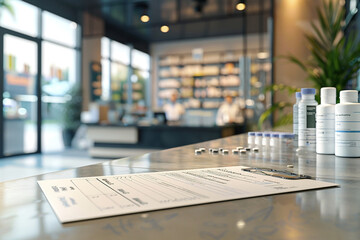 Pharmacy counter with a prescription for medicine and a bottle of pills on a blurred background.