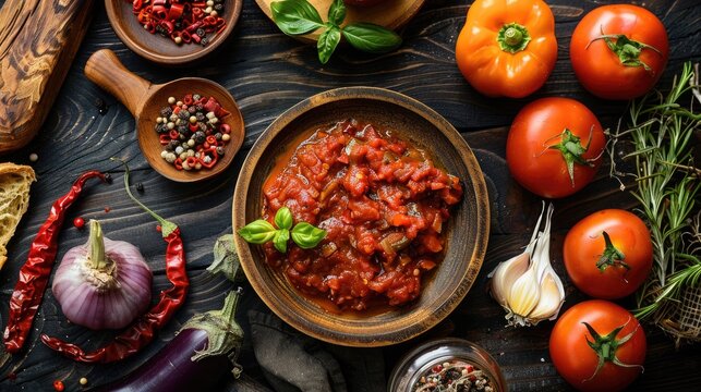 Zacusca Romanian vegetable spread with fish roasted eggplant onions tomato paste and roasted red peppers top view