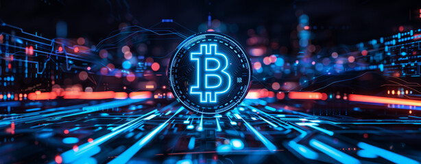 A futuristic digital illustration of the Bitcoin logo glowing in blue and orange light,