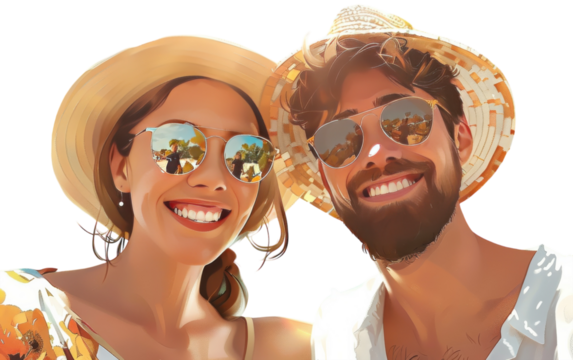 A happy couple smiles for a selfie, wearing sunglasses and hats on a sunny day