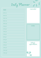 A simple and elegant planner template with a mint background and floral illustrations. It includes sections for an hourly schedule, notes, and daily affirmations.