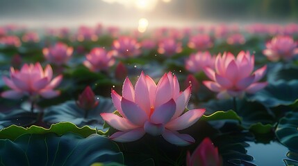 Blooming lotus pond, pink and white lotus flowers in full bloom, lush green leaves, early morning light creating a peaceful scene, mist rising from the water, serene and picturesque, hd quality,