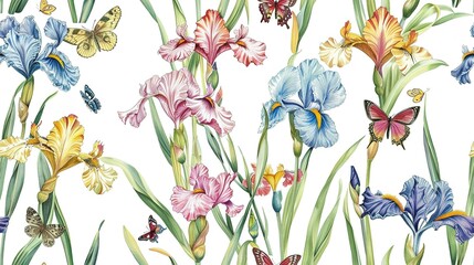Watercolor irises and butterflies seamless pattern with a white background