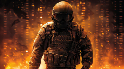 Naklejka premium A soldier in full combat gear stands amidst a fiery backdrop. The intensity of the flames creates a dramatic and powerful scene.