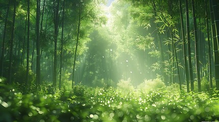 Fototapeta premium Dense bamboo groves with tall, slender stalks, leaves rustling softly in the wind, sunlight creating intricate shadow patterns on the forest floor, serene and calm environment, hd quality,