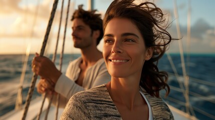Happy Couple Enjoying Scenic Sunset Sailing Adventure on Yacht, Embracing Ocean Breeze