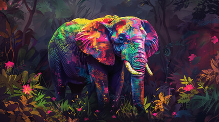 Obraz premium Pintura colorida de un elefante con colores vibrantes, con un telón de fondo de exuberante follaje selvático y flores silvestres. Al estilo de un diseño de personajes de dibujos animados, un realismo 