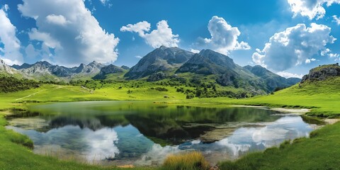 A large body of water sits in a grassy valley, surrounded by mountains. The sky is mostly clear, with a few clouds scattered throughout. The scene is peaceful and serene