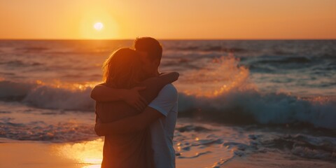 Fototapeta premium A couple is hugging on the beach at sunset. The woman is wearing a white shirt and the man is wearing a white shirt. The sun is setting in the background, creating a warm and romantic atmosphere