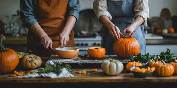 Two women are preparing food in a kitchen, with a variety of vegetables including carrots and squash. Scene is warm and inviting, as the women work together to create a delicious meal