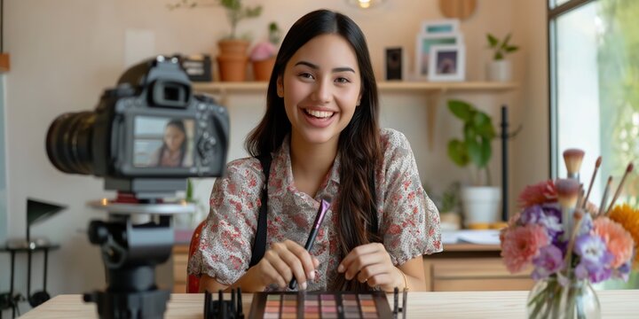 A woman is sitting at a table with a camera set up in front of her. She is smiling and holding a makeup brush. The scene suggests that she is either a makeup artist or a beauty influencer