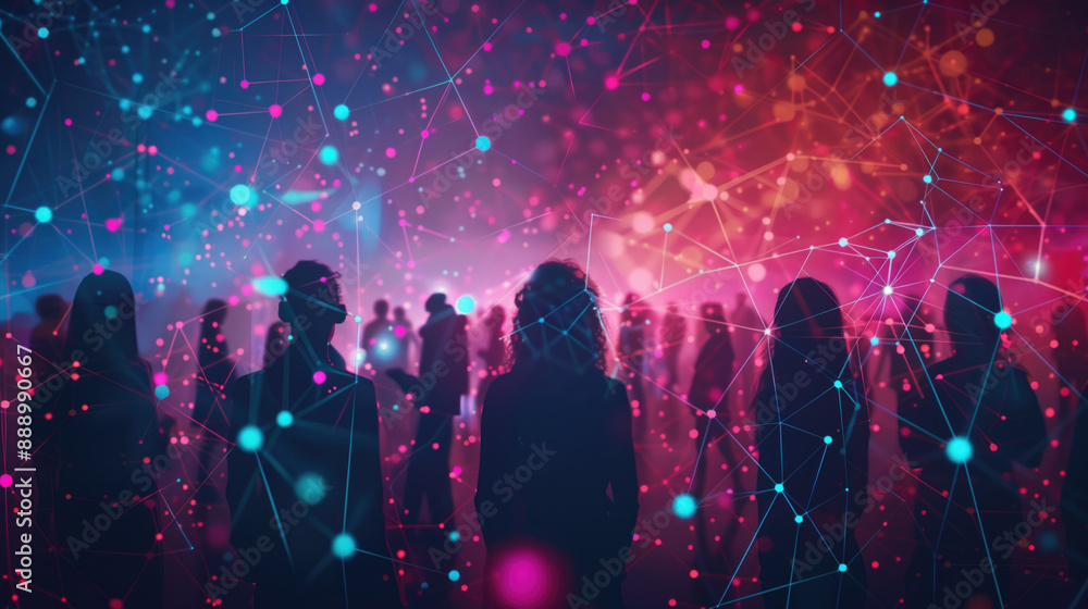 Poster silhouettes of people at a tech event with a vibrant network connection digital graphic background. 