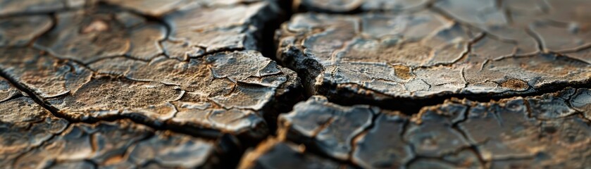 A cracked and broken ground with a few small plants growing out of it. Scene is desolate and barren