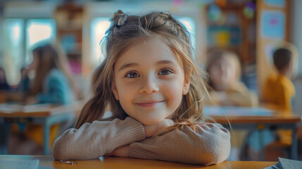 funny little girl 8 years old sits in a modern school classroom at a desk, smiles and looks at the camera