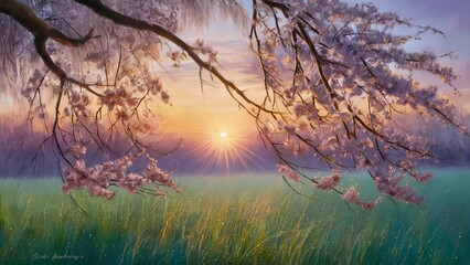 painting captures the serene beauty of a morning scene