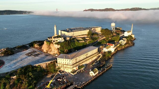 Alcatraz Island At San Francisco California United States. Aerial View Of A Bustling Downtown Cityscape With Modern Buildings. Town Clouds Sky Backgrounds Urban. Backgrounds Downtown Panoramic City.