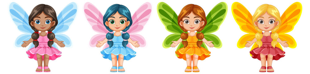 Four fairies with colorful wings and dresses