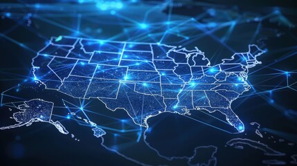A blue map of the United States with a network of lines connecting the states. The map is filled with dots and lines, giving it a futuristic and technological feel