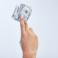 Hand, dollars and investment in studio for budget, banking and growth or savings for freedom. Person, trader and money or cash for finance, accounting and income or bonus or prize by white background